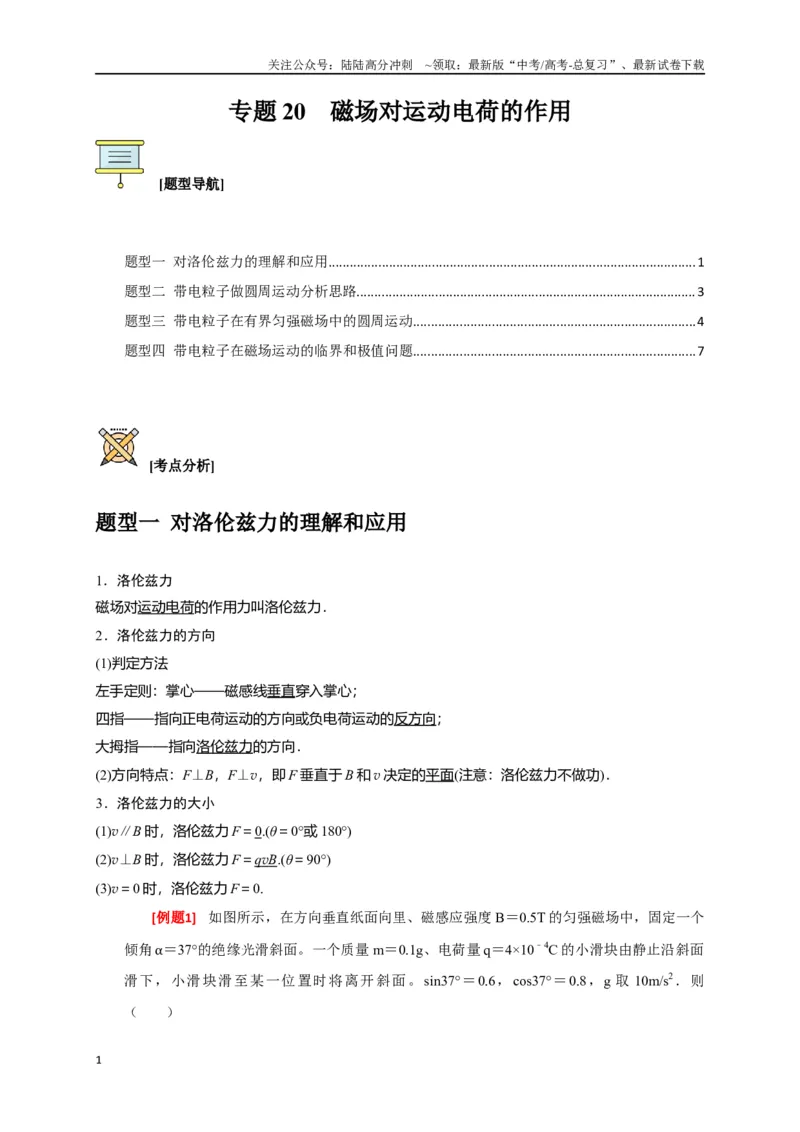 《专题20磁场对运动电荷的作用（原卷版）_04-物理-高考总复习_专项复习_2024年_2024高考物理三轮冲刺复习热点知识讲练题型归纳练_资料》第1页预览