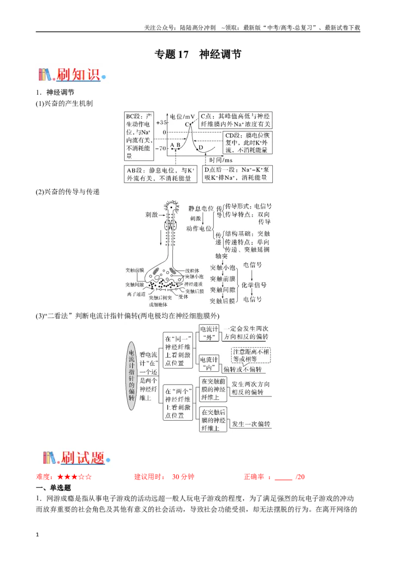 《专题17神经调节（解析版）_06-生物-高考总复习_专项复习_2024年_2024年高考生物经典小题必刷_资料》第1页预览