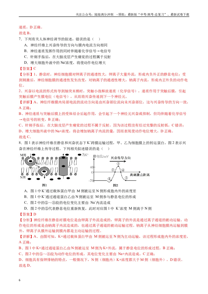 《专题17神经调节（解析版）_06-生物-高考总复习_专项复习_2024年_2024年高考生物经典小题必刷_资料》第6页预览