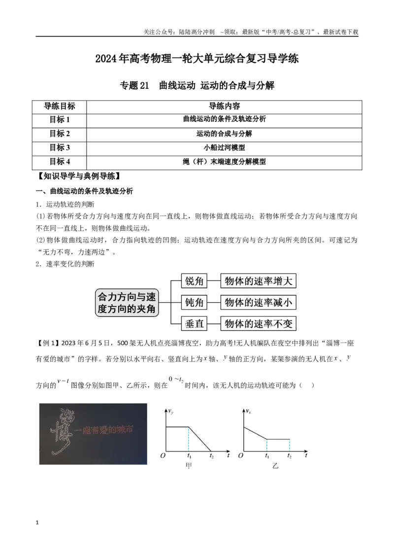 《专题21曲线运动运动的合成与分解（解析版）_04-物理-高考总复习_一轮复习_2024年_2024年高考物理一轮大单元综合复习导学练讲义练习_第四部分：曲线运动万有引力与航天(10)份》第1页预览