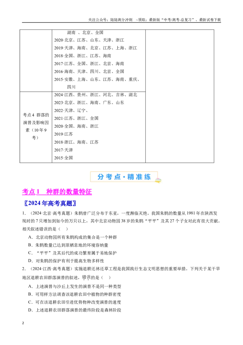 《专题21种群和群落-（全国通用）（原卷版）_06-生物-高考总复习_专项复习_2025年_十年（2015-2024）高考生物真题分类汇编（全国通用）》第2页预览