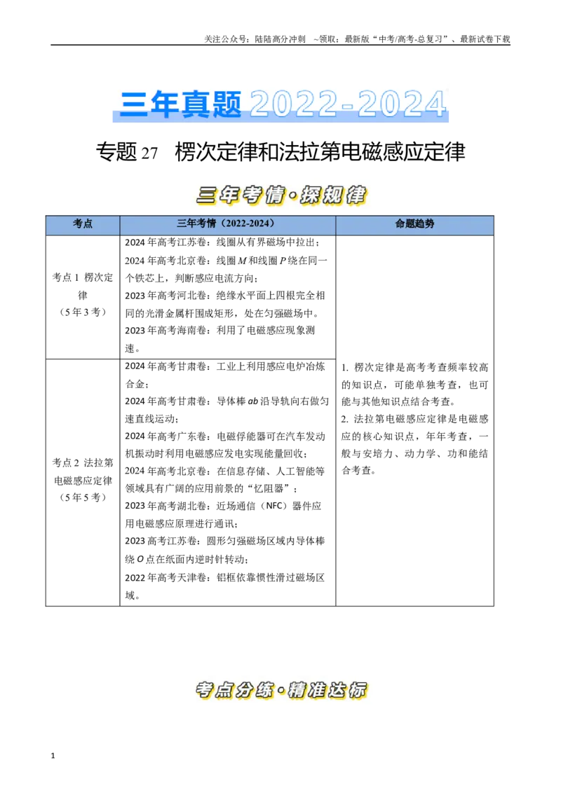 《专题27楞次定律和法拉第电磁感应定律（全国通用）（原卷版）_04-物理-高考总复习_专项复习_2025年_五年（2020-2024）高考物理真题分类汇编（全国通用）》第1页预览