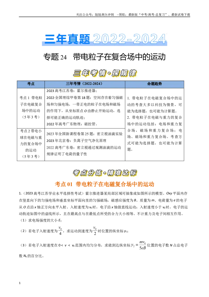 《专题24带电粒子在复合场中的运动（全国通用）（解析版）_04-物理-高考总复习_专项复习_2025年_五年（2020-2024）高考物理真题分类汇编（全国通用）》第1页预览