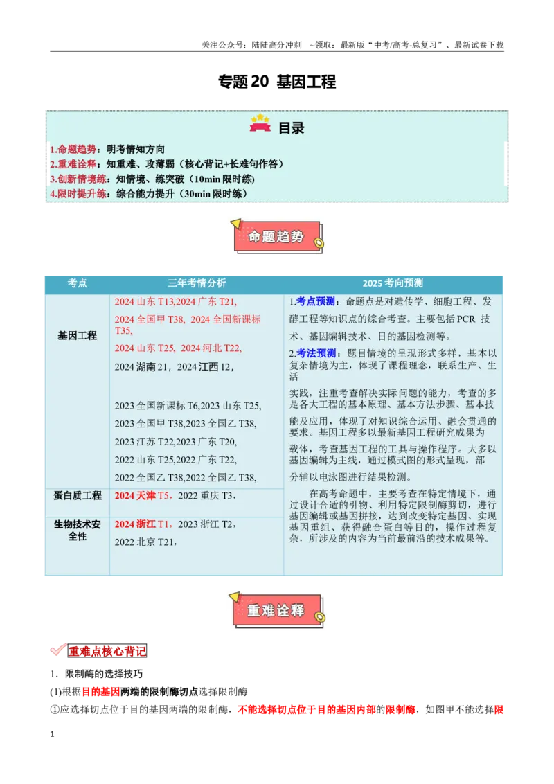《专题20基因工程（原卷版）_06-生物-高考总复习_专项复习_2025年_2025年高考生物重难点讲义专练（新高考通用）》第1页预览