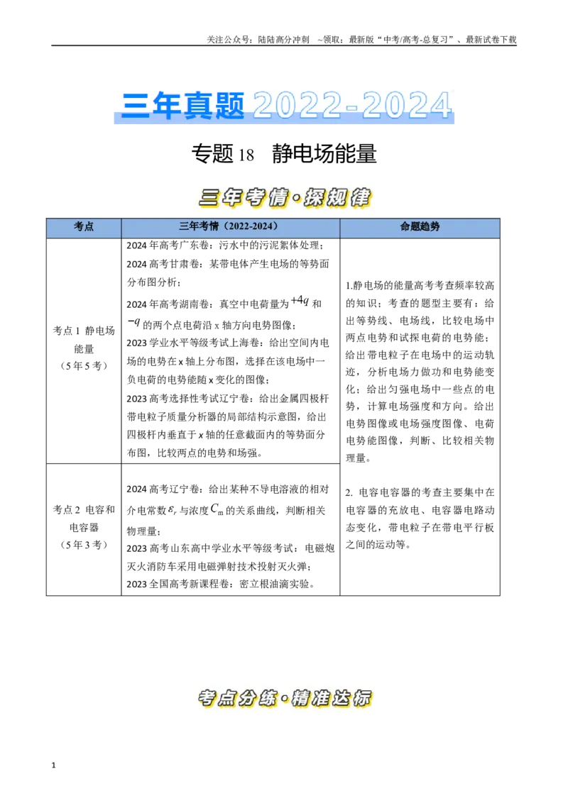 《专题18静电场能量（全国通用）（解析版）_04-物理-高考总复习_专项复习_2025年_五年（2020-2024）高考物理真题分类汇编（全国通用）》第1页预览