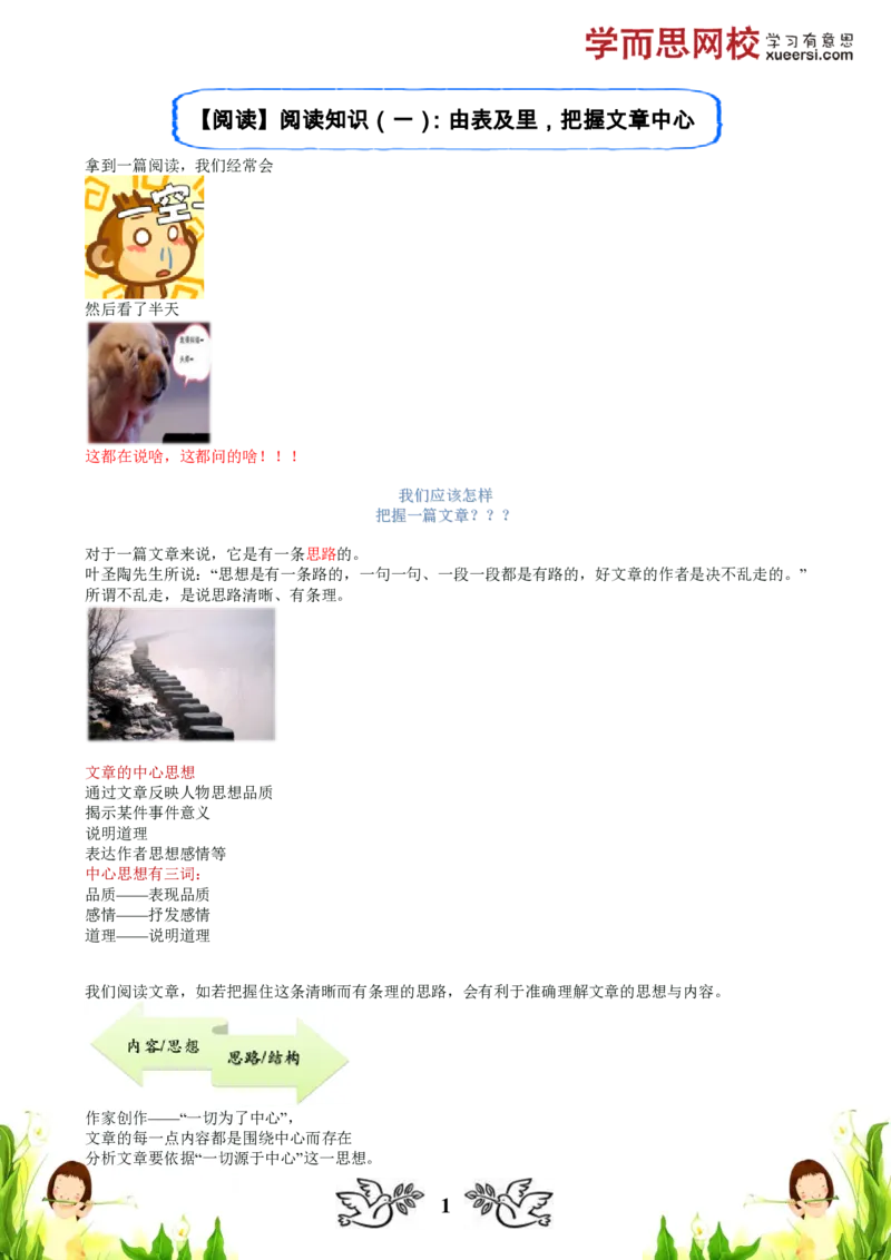 《阅读阅读知识（一）：由表及里把握文章中心_小学1-6年级全科全套_2024更新专题_小学作文专题资料_小学作文1-6年级阅读理解课程_五年级阅读理解》第1页预览