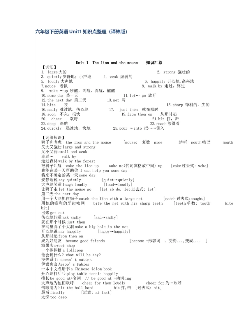《六下英语各单元知识点汇总译林版20页_小学1-6年级全科全套_1-6年级全科下册_六年级_英语_英语六下译林版》第1页预览