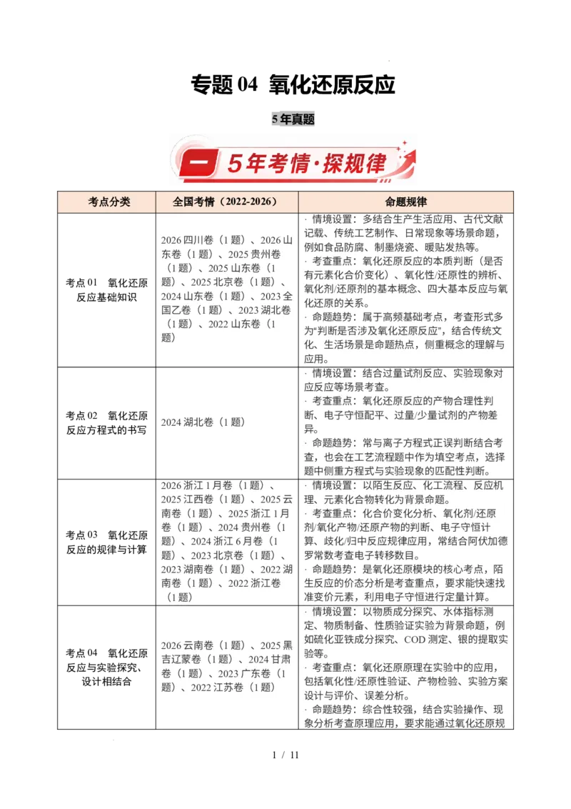 《专题04氧化还原反应_9.11_2027版高考《2022-2026高考真题分类汇编》（化学）（全国通用）》第1页预览