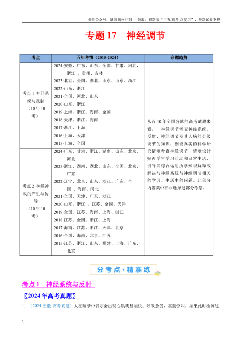 《专题17神经调节-（全国通用）（原卷版）_06-生物-高考总复习_专项复习_2025年_十年（2015-2024）高考生物真题分类汇编（全国通用）》第1页预览