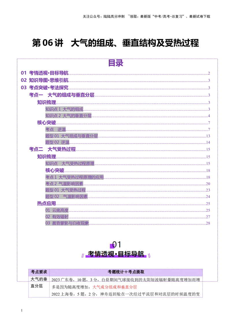 《第06讲大气的组成、垂直结构及受热过程（讲义）（教师版）_07-地理-高考总复习_一轮复习_2025年_2025年高考地理一轮复习讲义+练习+课件（新教材新高考）》第1页预览