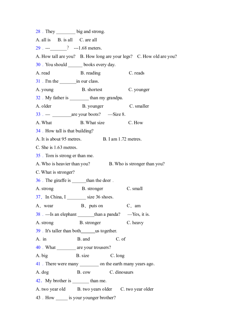 《语法练习人教版(PEP)六年级英语下册专项突破练习-Unit1Howtallareyou（含答案）_小学1-6年级全科全套_1-6年级全科下册_六年级_英语_英语六下人教PEP版》第3页预览
