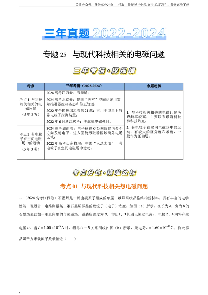 《专题26与现代科技相关的电磁问题（全国通用）（解析版）_04-物理-高考总复习_专项复习_2025年_五年（2020-2024）高考物理真题分类汇编（全国通用）》第1页预览