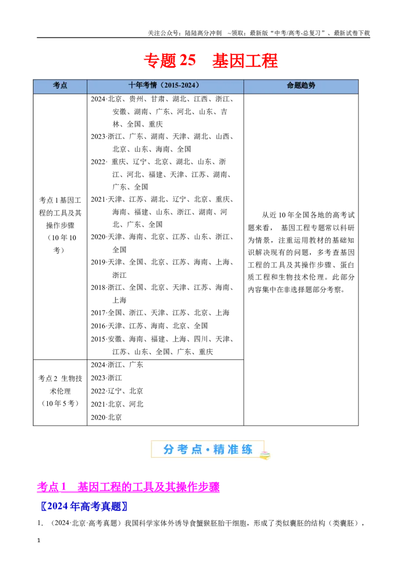 《专题25基因工程-（全国通用）（原卷版）_06-生物-高考总复习_专项复习_2025年_十年（2015-2024）高考生物真题分类汇编（全国通用）》第1页预览