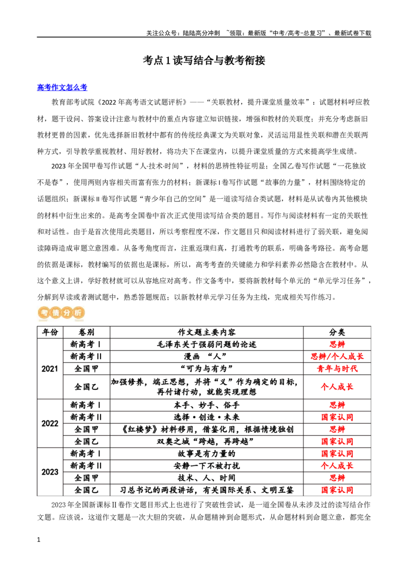 《专题1读写结合与教考衔接（讲义）（新教材新高考）_专项复习_2024年_2024新高考语文满分作文素材论题论点论证议论文热点写作_06高考语文写作专项课件+讲义+练习（新高考）_二轮（完）》第1页预览