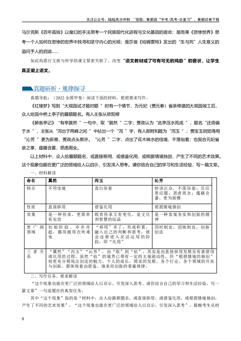 《专题1读写结合与教考衔接（讲义）（新教材新高考）_专项复习_2024年_2024新高考语文满分作文素材论题论点论证议论文热点写作_06高考语文写作专项课件+讲义+练习（新高考）_二轮（完）》第9页预览
