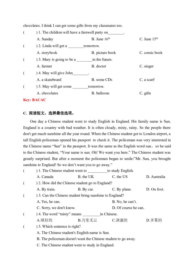 《期末易错题分类汇编阅读理解（答案选择提升篇）六年级下册（答案版）_小学1-6年级全科全套_1-6年级全科下册_六年级_英语_英语六下译林版》第2页预览