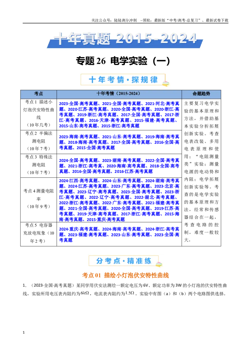《专题26电学实验（一）-（全国通用）（解析版）_04-物理-高考总复习_专项复习_2025年_十年（2015-2024）高考物理真题分类汇编（全国通用）》第1页预览