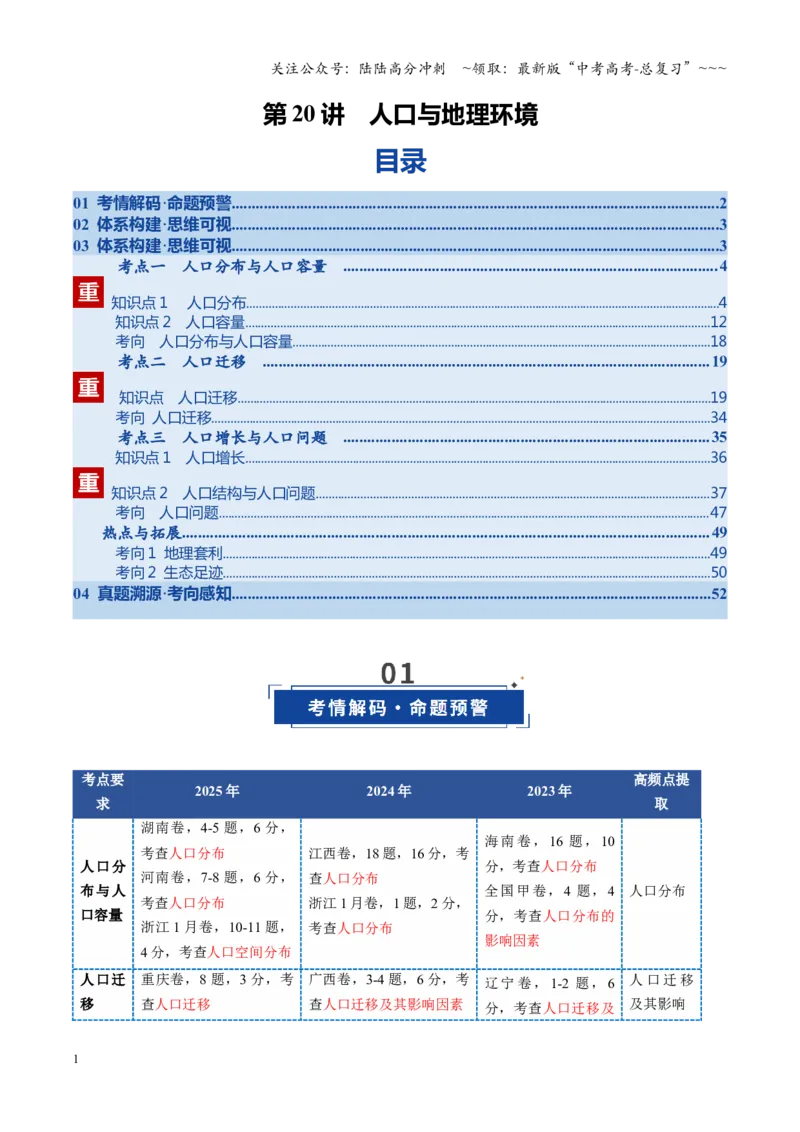 《第20讲人口与地理环境（复习讲义）（全国通用）（教师版）_07-地理-高考总复习_一轮复习_2026年-地理高考一轮复习_2026年高考地理一轮复习讲义+练习+课件（新教材新高考）-G55_2026版》第1页预览