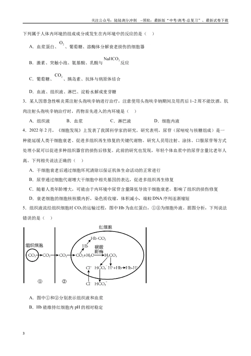 《专题25内环境与稳态（原卷版)_06-生物-高考总复习_一轮复习_2024年_2024年高考生物一轮复习重难点专项突破_资料》第3页预览