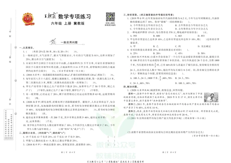 《王朝霞专项练习六年级上册数学冀教版_小初高学习资料合集（每天更新）_1~6年级上册王朝霞专项练习_6年级》第4页预览