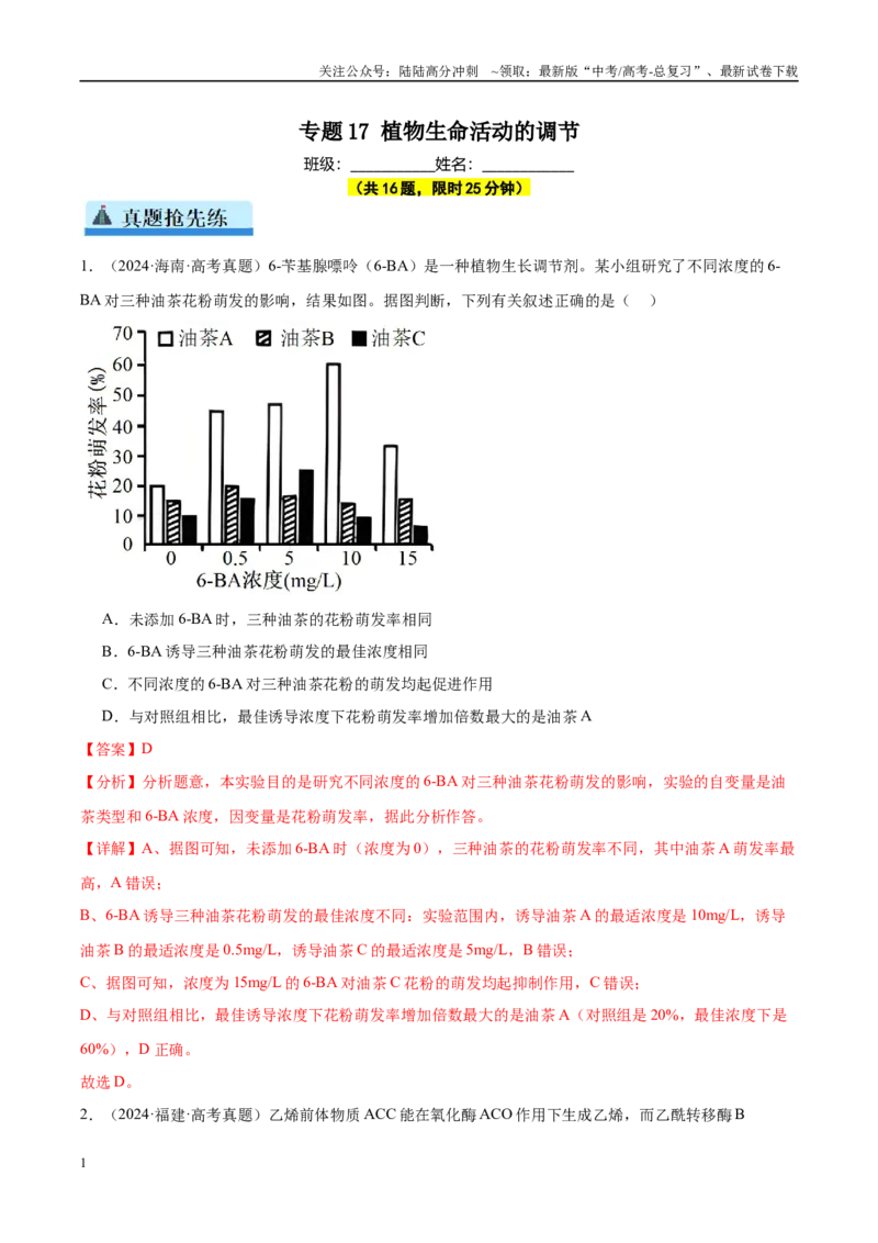 《专题17植物生命活动的调节（教师版）_06-生物-高考总复习_一轮复习_2025年_2025年高考生物一轮复习考点精讲精练（新高考通用）》第1页预览
