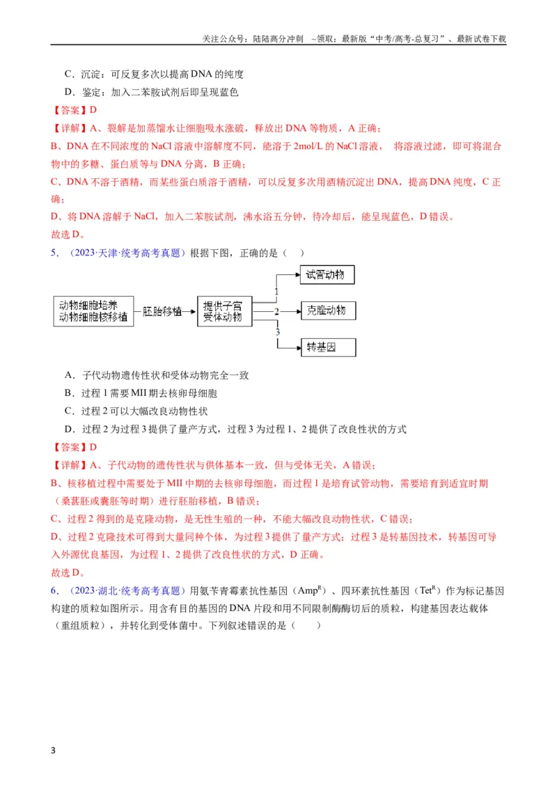 《专题21基因工程-五年（2019-2023）高考生物真题分项汇编（全国通用）（教师版）_06-生物-高考总复习_专项复习_2024年_2024年高考生物五年真题分项汇编（全国通用）_教师版（含答案解析）》第3页预览