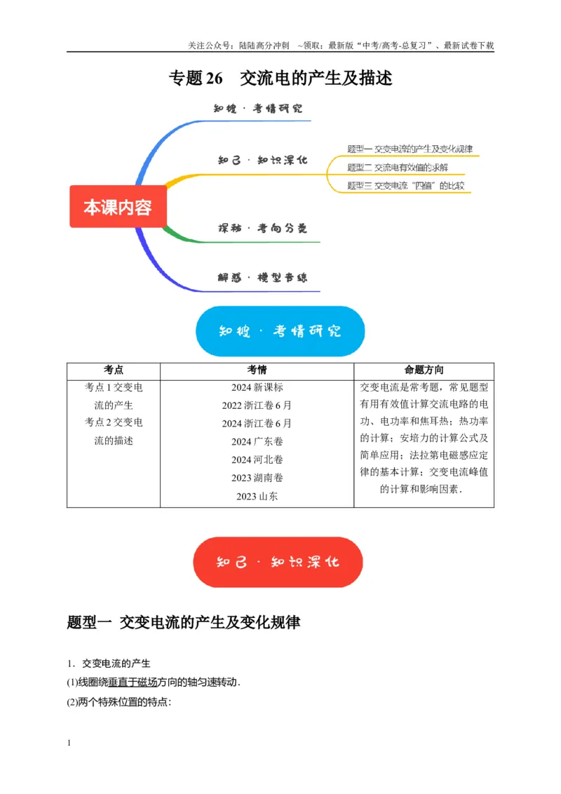 《专题26交流电的产生及描述（原卷版）_04-物理-高考总复习_专项复习_2025年_2025新版高考物理复习知识点梳理加题型归纳原卷加解析_资料》第1页预览