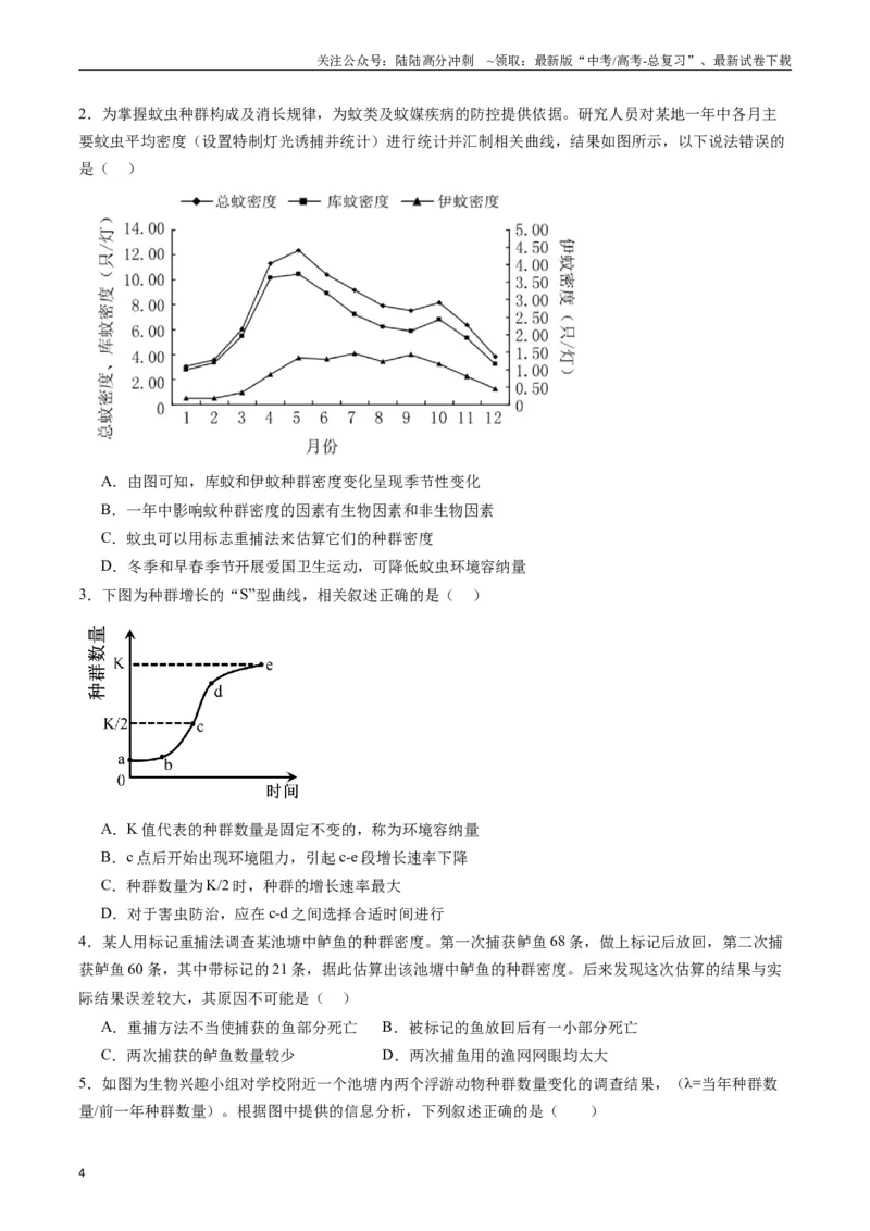 《专题21种群、群落（原卷版）_06-生物-高考总复习_专项复习_2024年_2024年高考生物经典小题必刷_资料》第4页预览