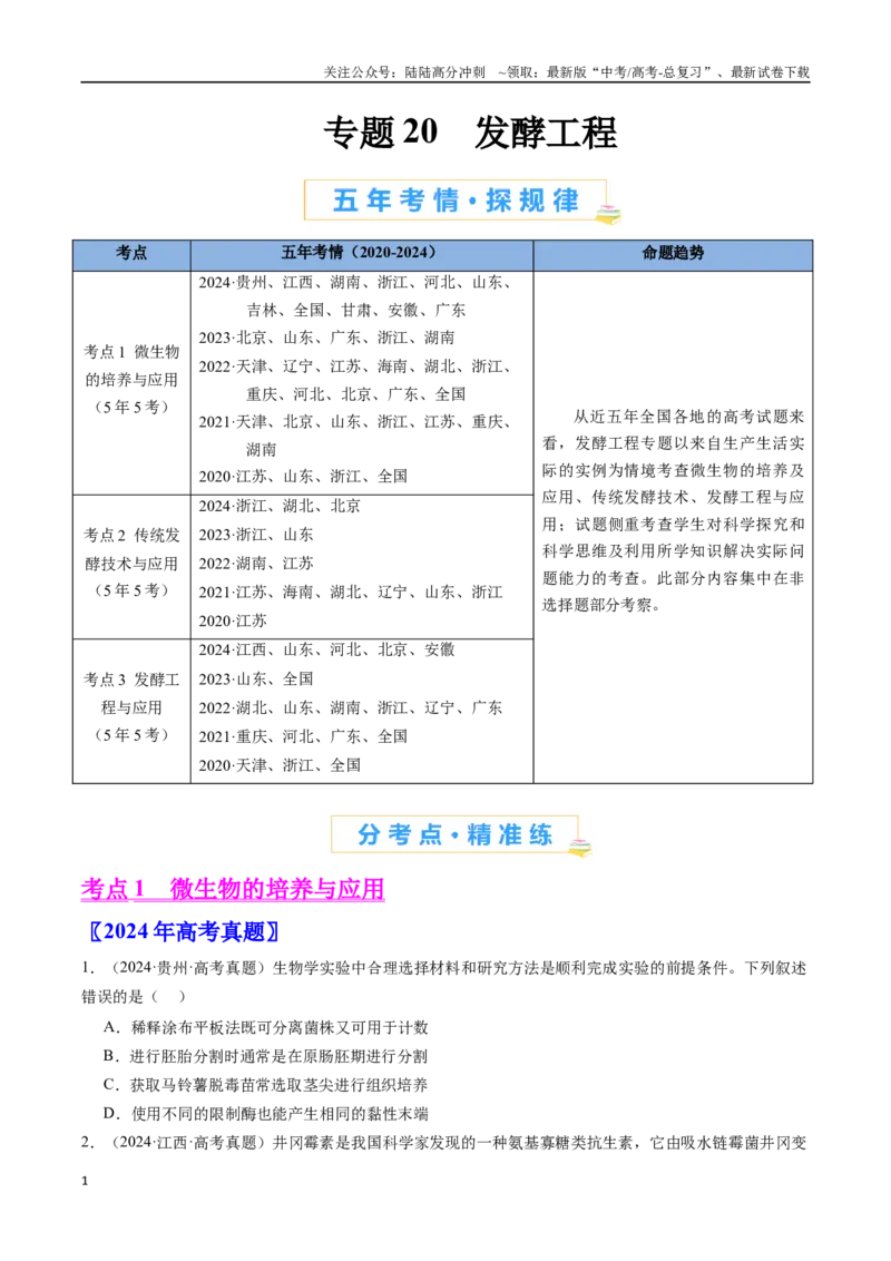 《专题20发酵工程（全国通用）（原卷版）_06-生物-高考总复习_专项复习_2024年_2024年高考生物真题分类汇编（全国通用）》第1页预览