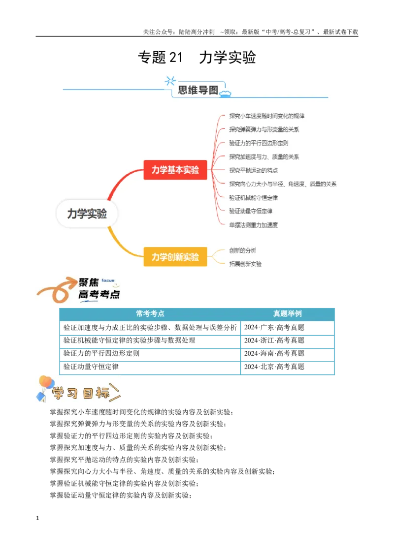 《专题21力学实验（教师版）_04-物理-高考总复习_一轮复习_2025年_2025年高考物理一轮复习知识清单（全国通用）》第1页预览