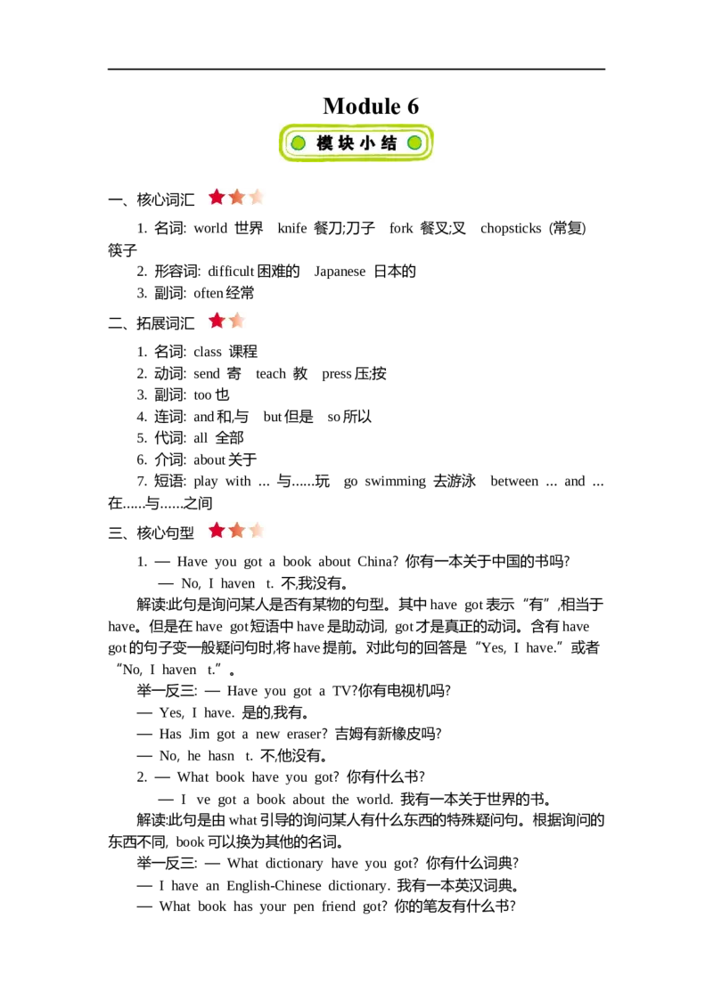 《六(上)外研Module6知识清单_小学1-6年级全科全套_1-6年级全科上册_六年级_英语_英语外研三起_外研三起英语六上知识总结》第1页预览