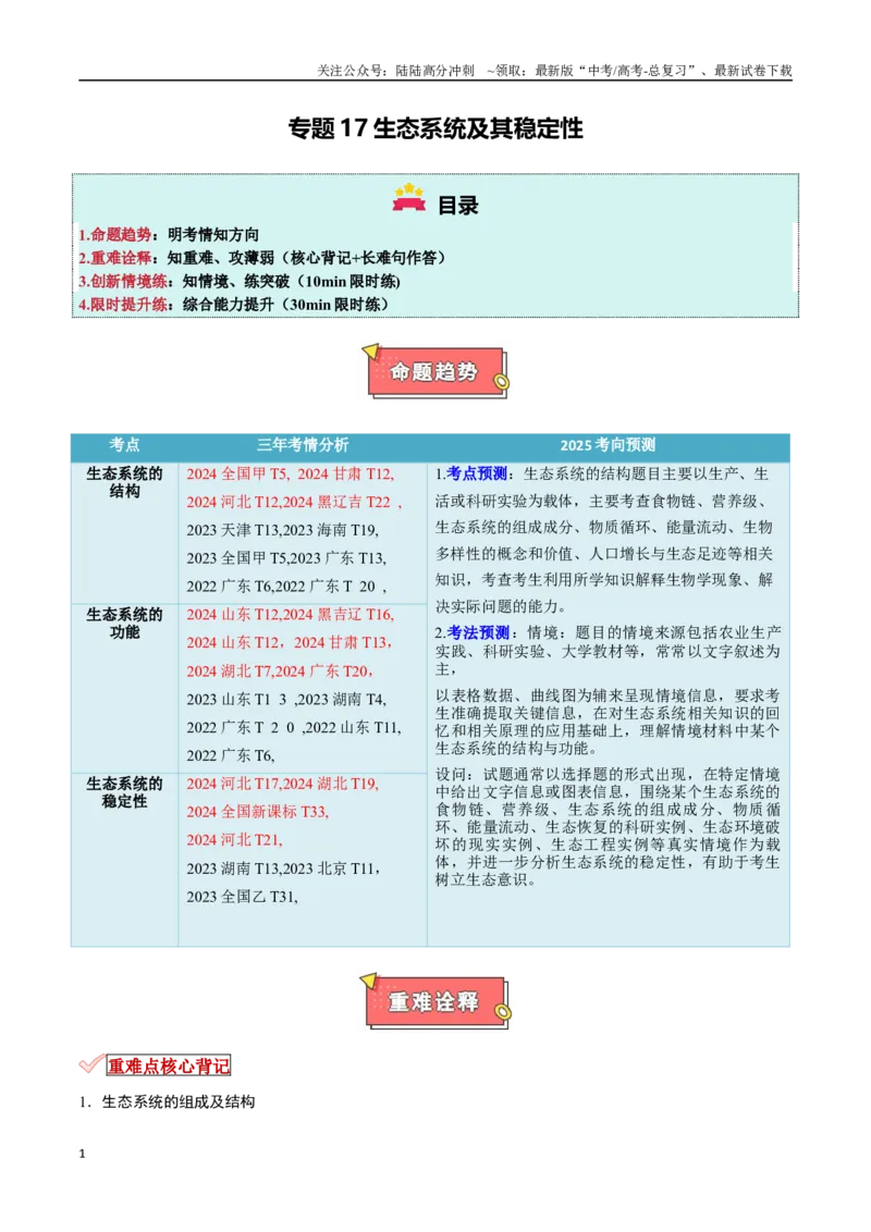 《专题17生态系统及其稳定性（原卷版）_06-生物-高考总复习_专项复习_2025年_2025年高考生物重难点讲义专练（新高考通用）》第1页预览