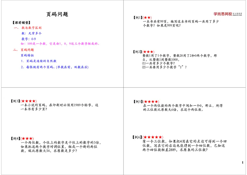 《页码问题_小学1-6年级全科全套_2024更新专题_小学奥数专题资料_7、精品课程合集_学而思小学1-6年级奥数竞赛班视频课程285讲_三年级奥数(竞赛班)49讲_第46讲:页码问题》第1页预览