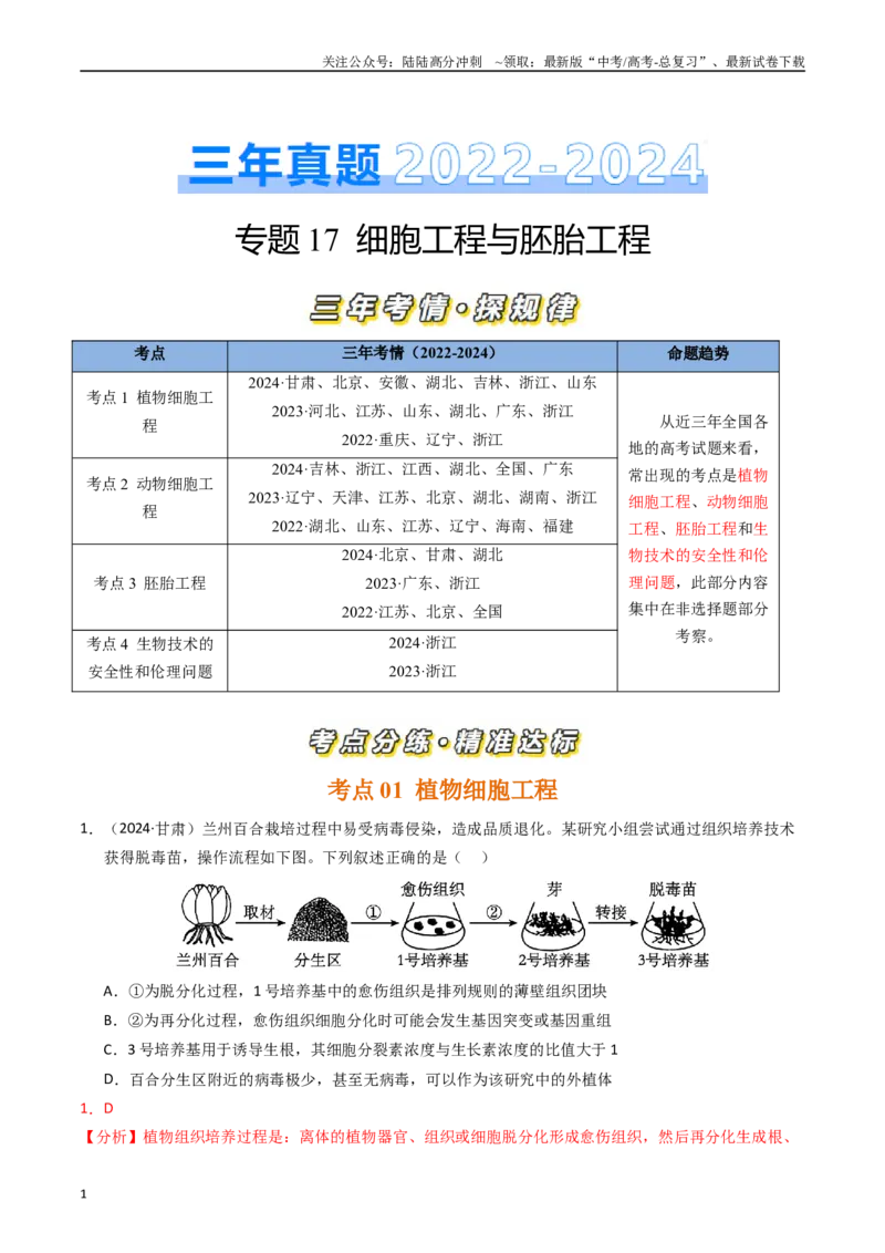 《专题17细胞工程与胚胎工程（解析版）_06-生物-高考总复习_专项复习_2025年_五年2020-2024高考真题分类汇编生物真题分类汇编（全国通用）》第1页预览