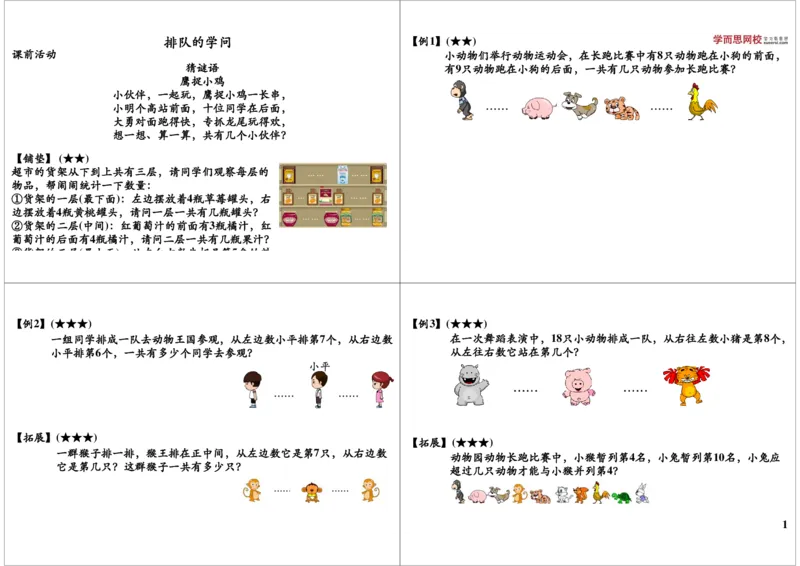 《排队的学问_小学1-6年级全科全套_2024更新专题_小学奥数专题资料_7、精品课程合集_学而思小学1-6年级奥数竞赛班视频课程285讲_一年级奥数（竞赛班）45讲_第20讲：排队的学问》第1页预览