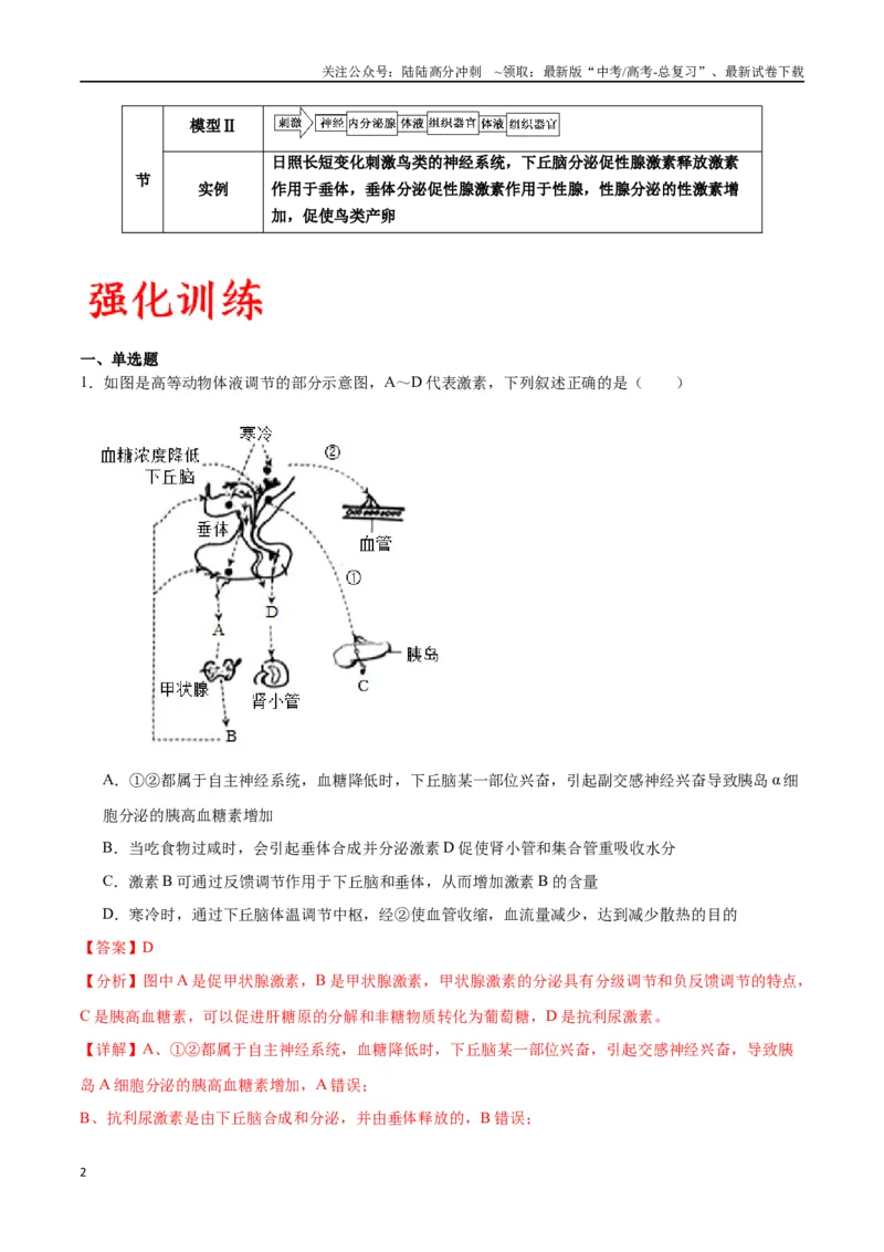 《专题31动物生命活动调节的综合分析（解析版)_06-生物-高考总复习_一轮复习_2024年_2024年高考生物一轮复习重难点专项突破_资料》第2页预览