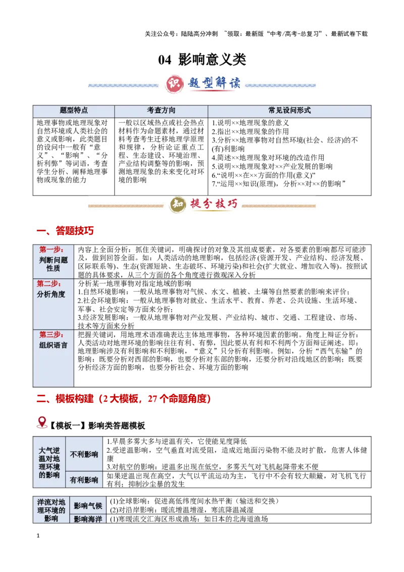 《题型04影响意义类（答题模版）-（原卷版）_07-地理-高考总复习_专项复习_2025年_2025年高考地理答题技巧与答题模板（全国通用）》第1页预览