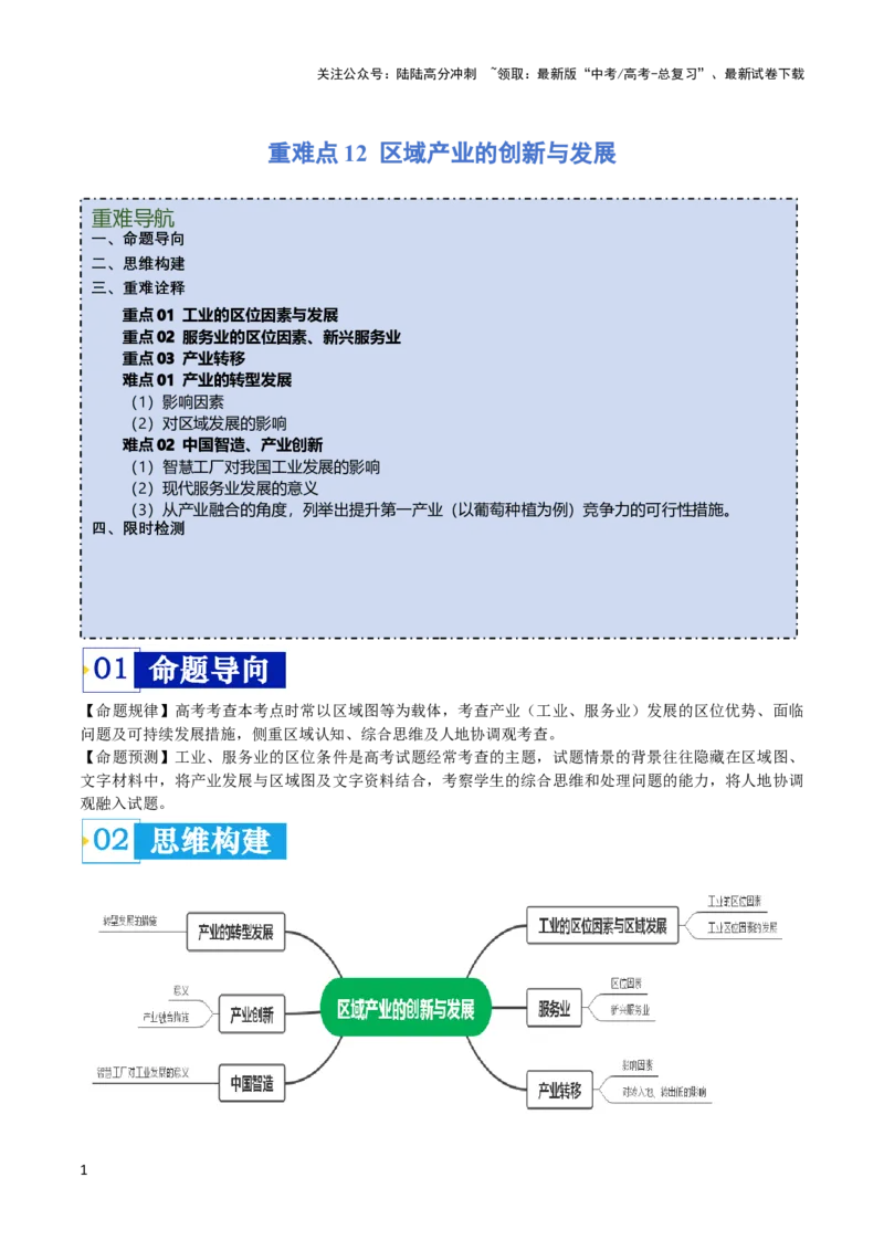 《重难点12区域产业的创新与发展-（新高考专用）（教师版）_07-地理-高考总复习_专项复习_2024年_2024年高考地理热点·重点·难点专练（新高考专用）》第1页预览