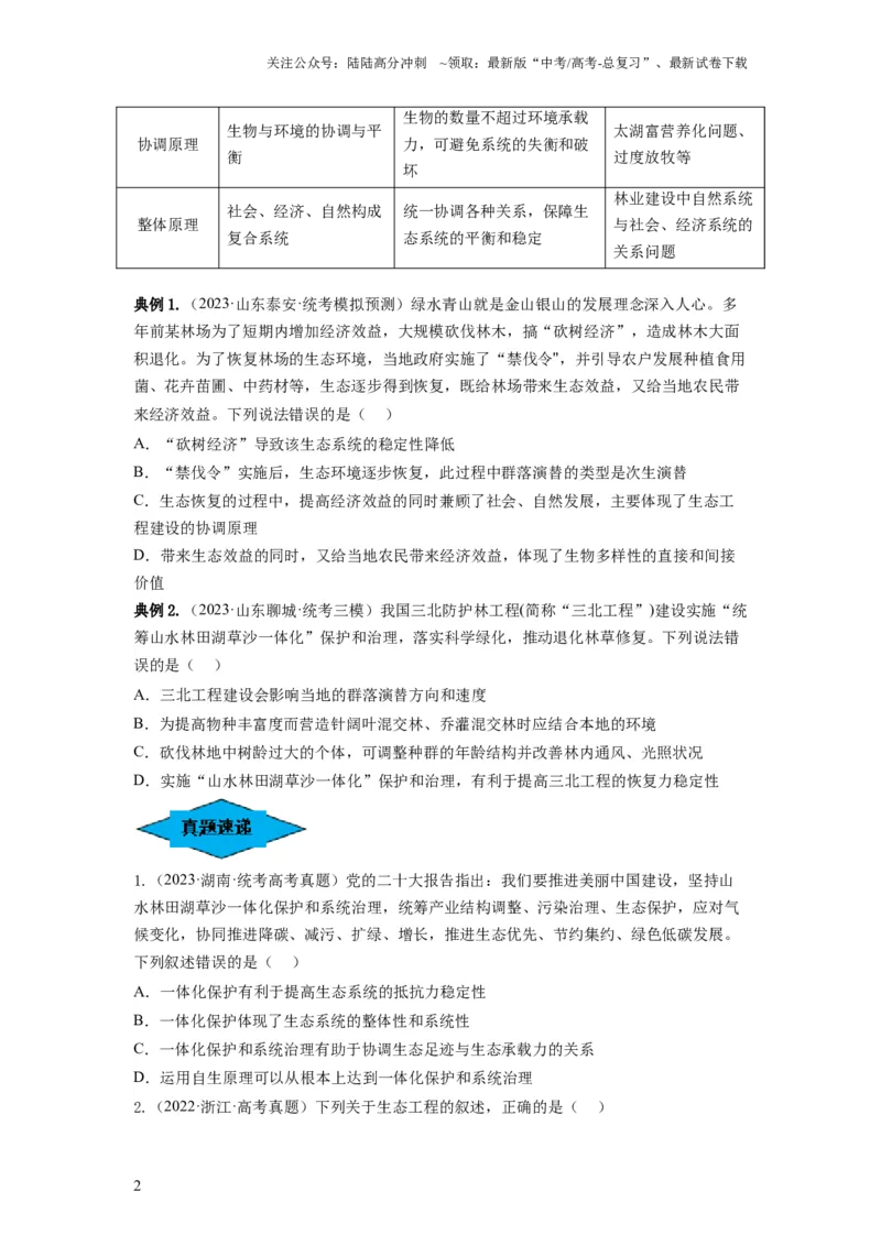 《专题34生态工程（串讲）（原卷版）_06-生物-高考总复习_一轮复习_2024年_2024年高考生物一轮复习串讲精练知识点梳理练习题_串讲》第2页预览