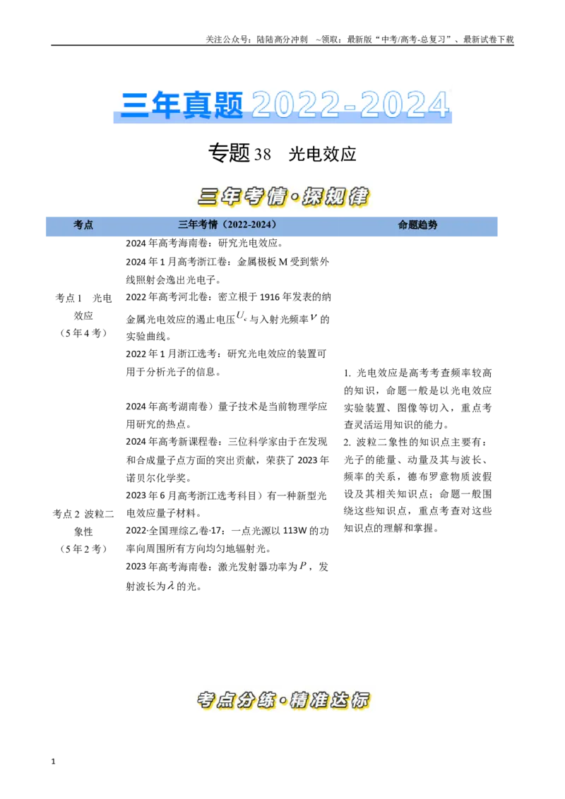 《专题38光电效应（全国通用）（原卷版）_04-物理-高考总复习_专项复习_2025年_五年（2020-2024）高考物理真题分类汇编（全国通用）》第1页预览