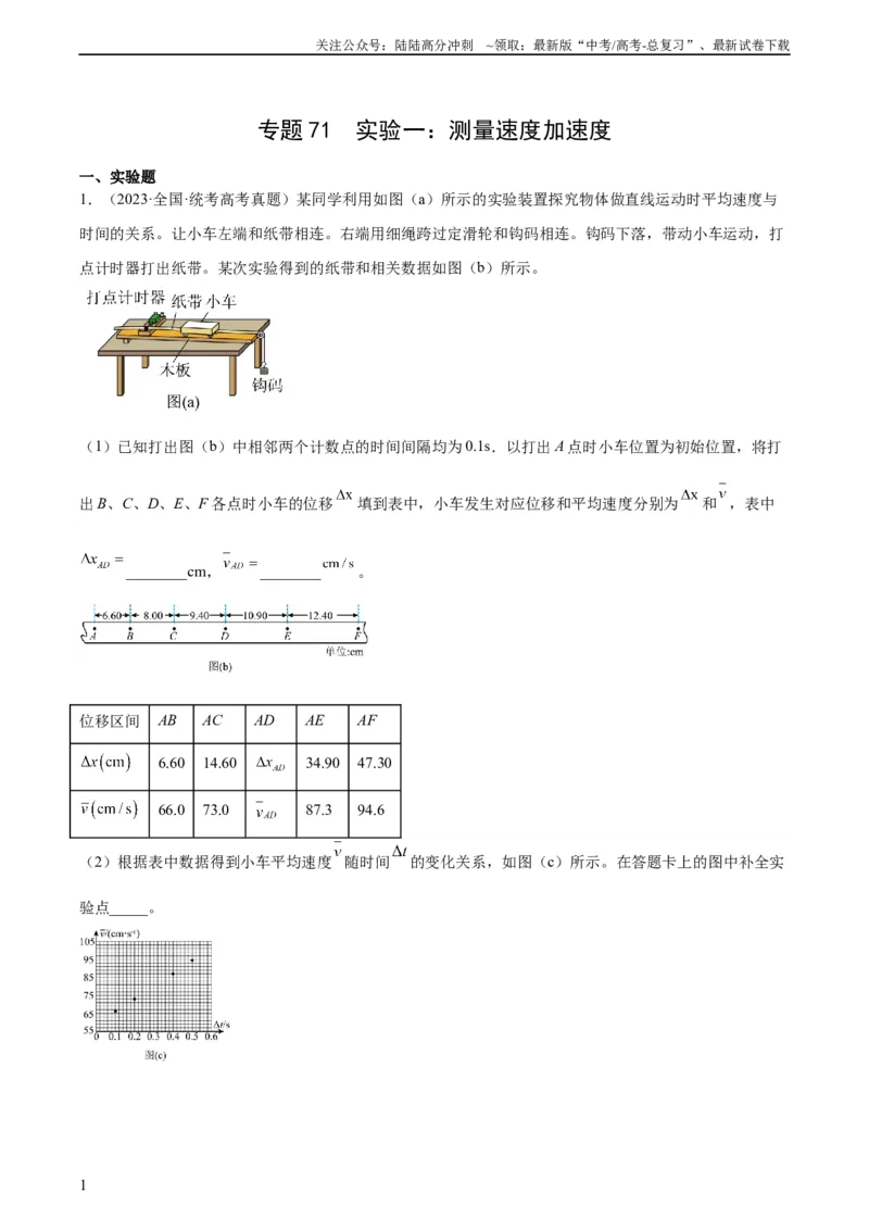《专题70实验一：测量速度加速度（教师版）（全国通用）_04-物理-高考总复习_专项复习_2024年_十年（2014-2023）高考物理真题分项汇编（全国通用）》第1页预览