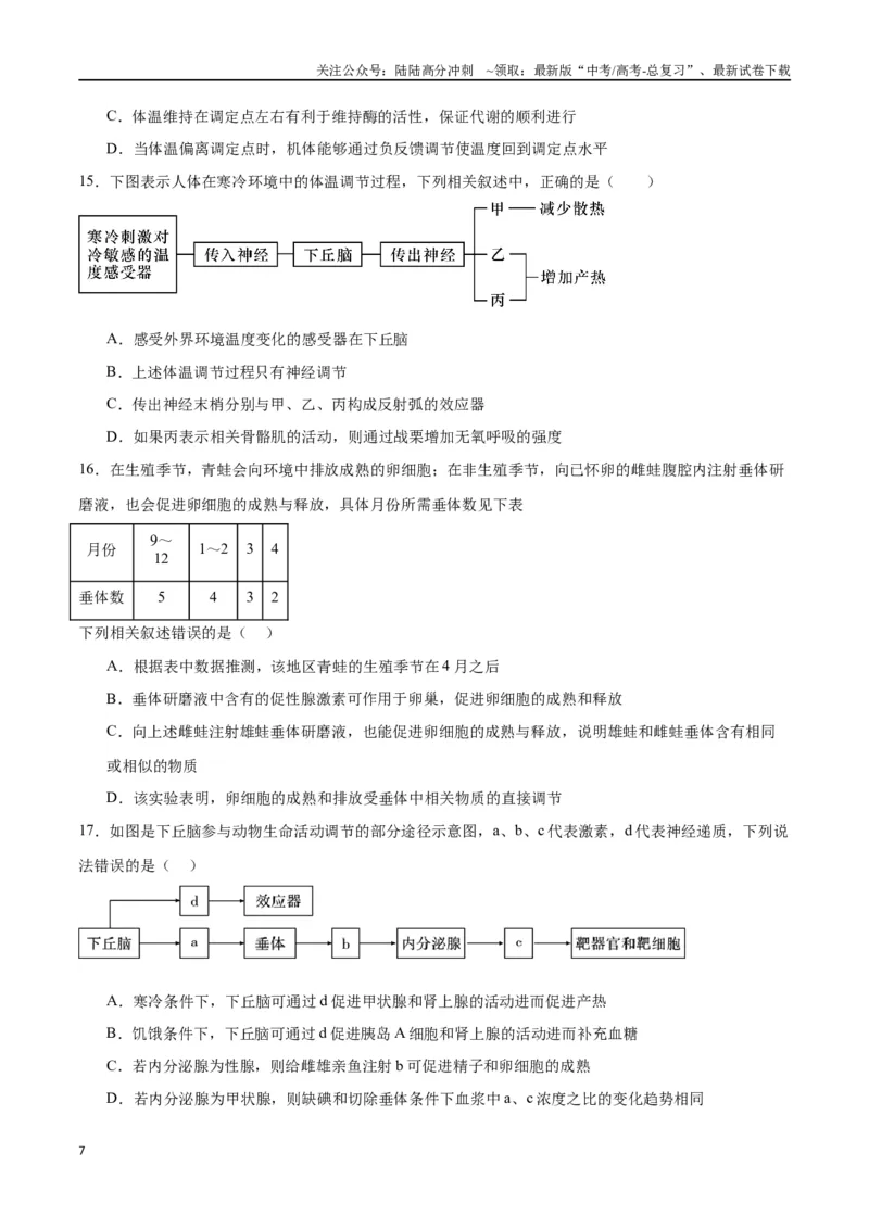 《专题28体液调节与神经调节的关系（原卷版)_06-生物-高考总复习_一轮复习_2024年_2024年高考生物一轮复习重难点专项突破_资料》第7页预览