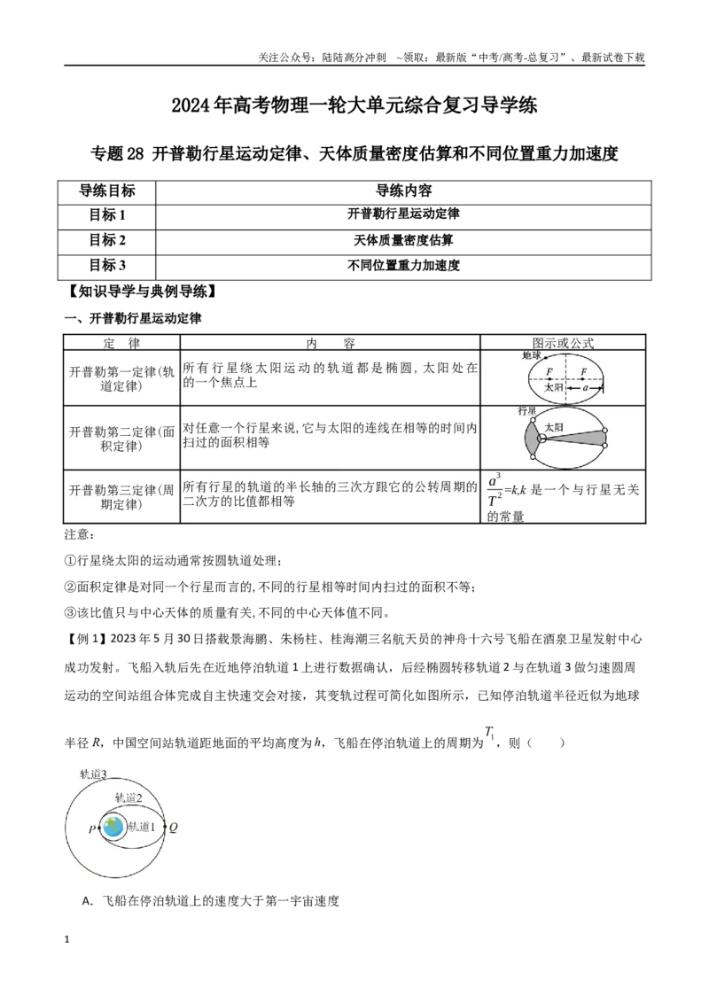 《专题28开普勒行星运动定律、天体质量密度估算和不同位置重力加速度（解析版）_04-物理-高考总复习_一轮复习_2024年_2024年高考物理一轮大单元综合复习导学练讲义练习》第1页预览