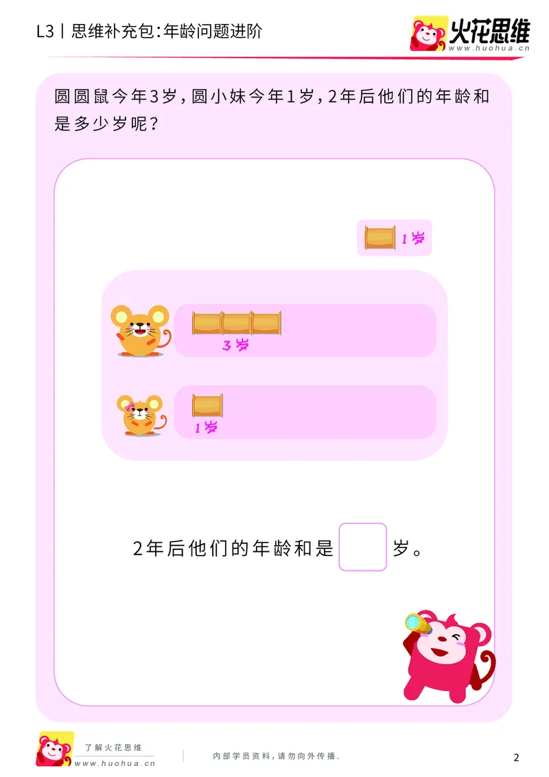 《第15专题_经典应用题启蒙_年龄问题进阶_基础巩固包_202002182252471_（G1450)火花思维幼小衔接及L1-L5_L3完结_L3完结AI_05完结AI41-88_补充资料练习册_15经典应用题启蒙》第2页预览