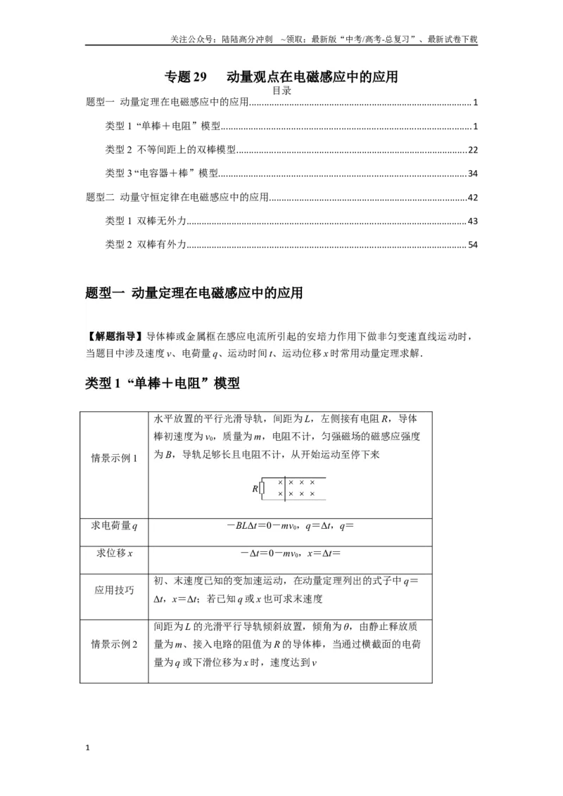 《专题29动量观点在电磁感应中的应用（学生版）_04-物理-高考总复习_专项复习_2025年_2025年高中高考物理模型与方法_资料_7高考热点题型归类（一轮）》第1页预览