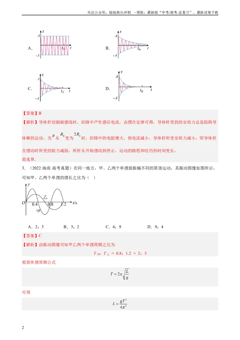 《专题32机械振动（教师版）（全国通用）_04-物理-高考总复习_专项复习_2024年_十年（2014-2023）高考物理真题分项汇编（全国通用）》第2页预览