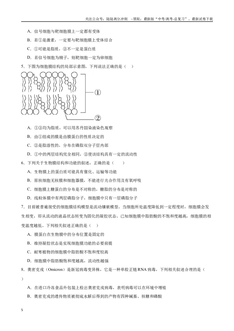 《专题5细胞膜和细胞核（原卷版)_06-生物-高考总复习_一轮复习_2024年_2024年高考生物一轮复习重难点专项突破_资料》第5页预览