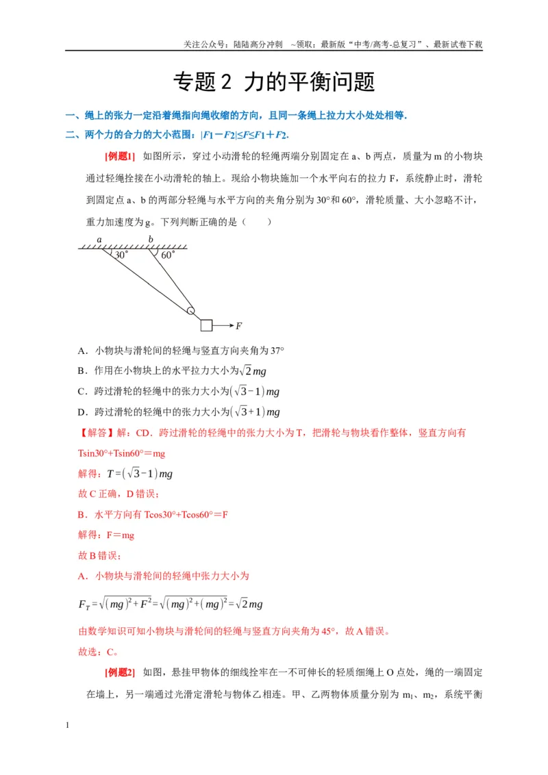 《专题2力的平衡问题（解析版）_04-物理-高考总复习_专项复习_2024年_2024高考物理复习二级结论题型详解全面复习知识点_资料》第1页预览