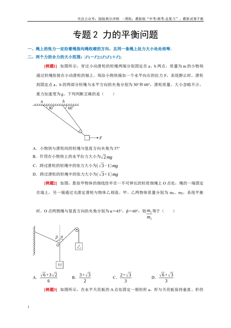 《专题2力的平衡问题（原卷版）_04-物理-高考总复习_专项复习_2024年_2024高考物理复习二级结论题型详解全面复习知识点_资料》第1页预览