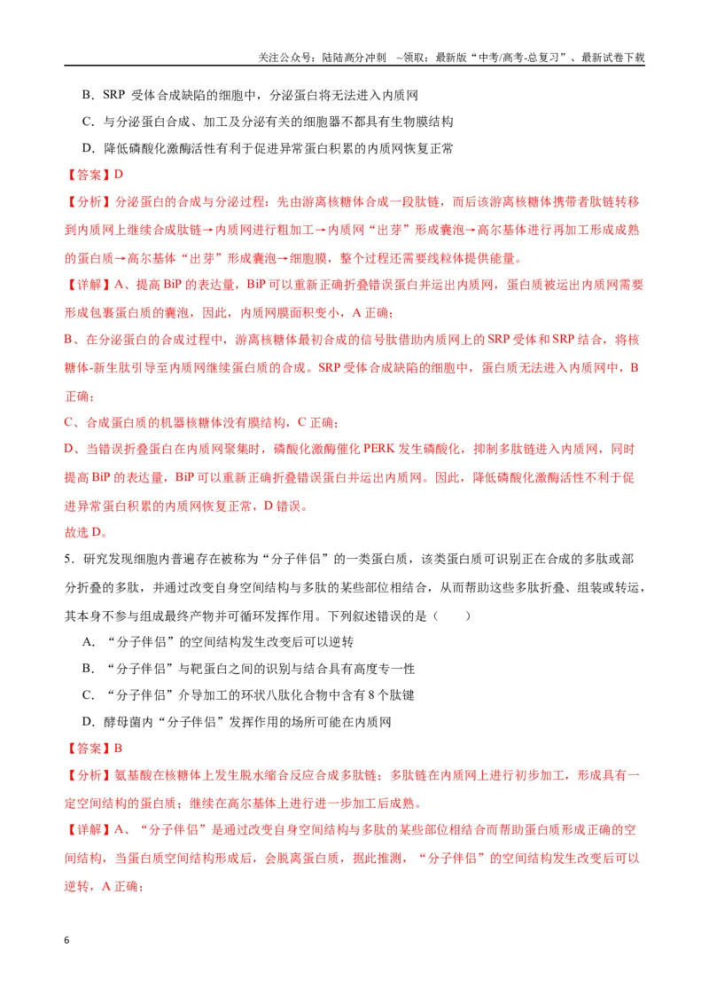 《专题6细胞器和生物膜系统（解析版)_06-生物-高考总复习_一轮复习_2024年_2024年高考生物一轮复习重难点专项突破_资料》第6页预览